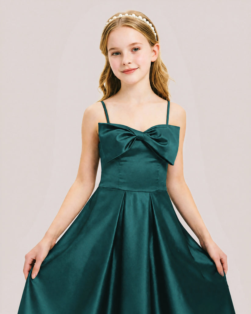 Peacock Satin A-line Junior Bridesmaid Dress Front View
