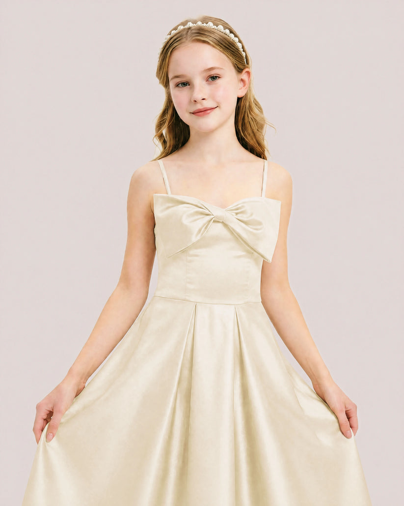 Champagne Satin A-line Junior Bridesmaid Dress Front View