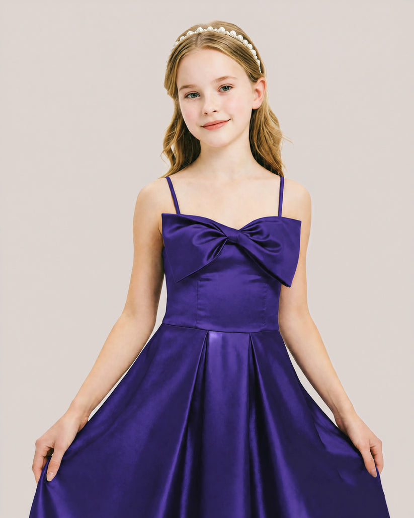 Purple Satin A-line Junior Bridesmaid Dress Front View