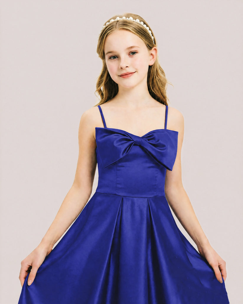 Royal Blue Satin A-line Junior Bridesmaid Dress Front View