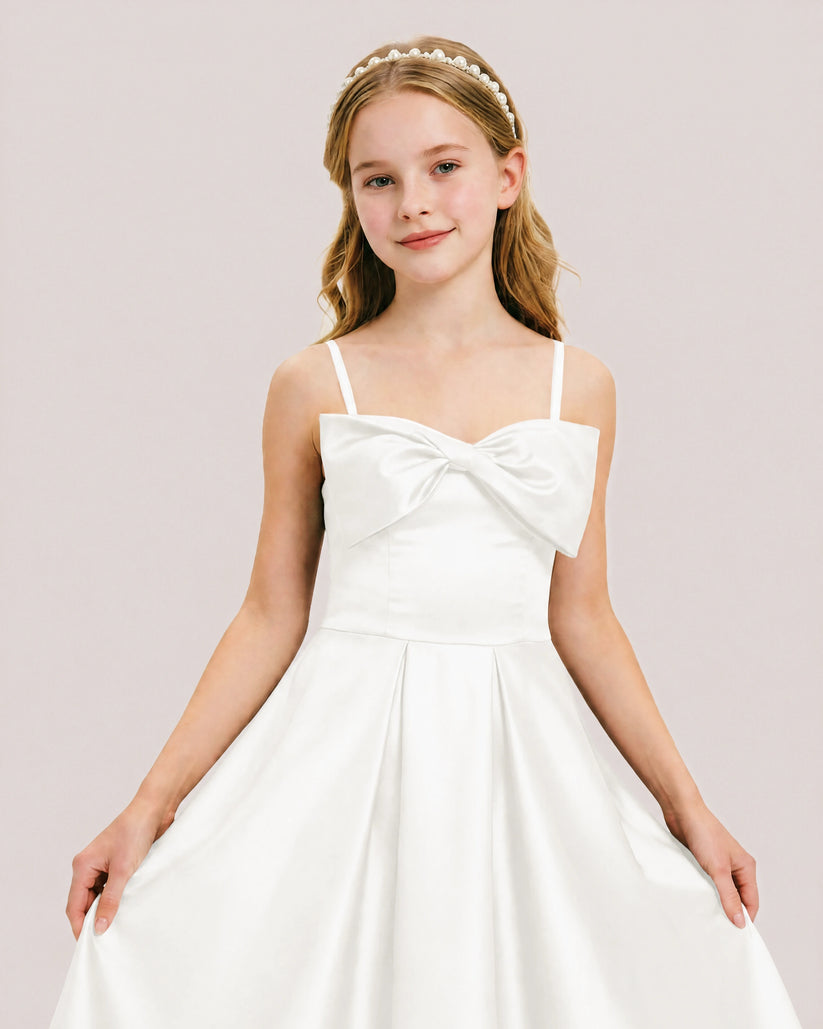 Ivory Satin A-line Junior Bridesmaid Dress Front View