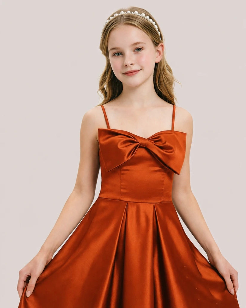 Burnt Orange Satin A-line Junior Bridesmaid Dress Front View