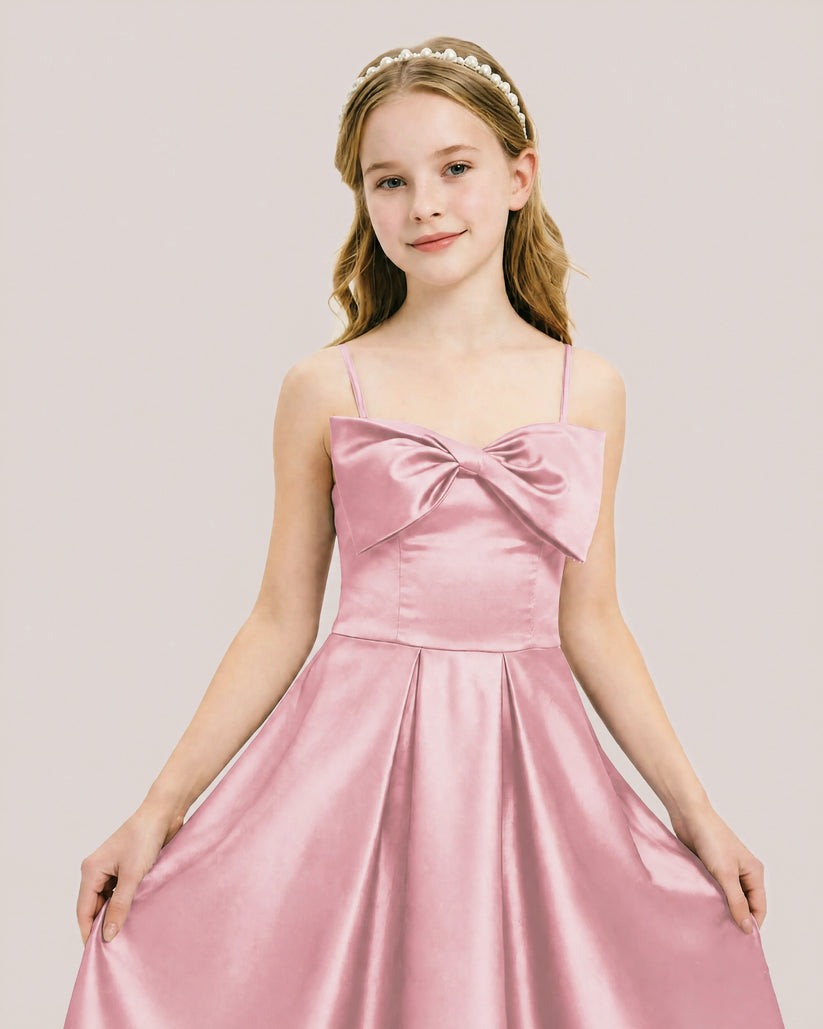 Dusty Rose Satin A-line Junior Bridesmaid Dress Front View