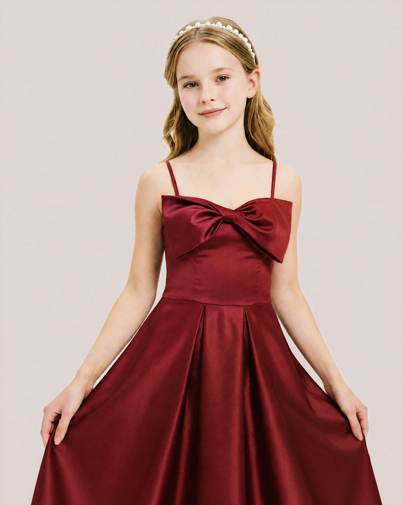 Burgundy Satin A-line Junior Bridesmaid Dress Front View