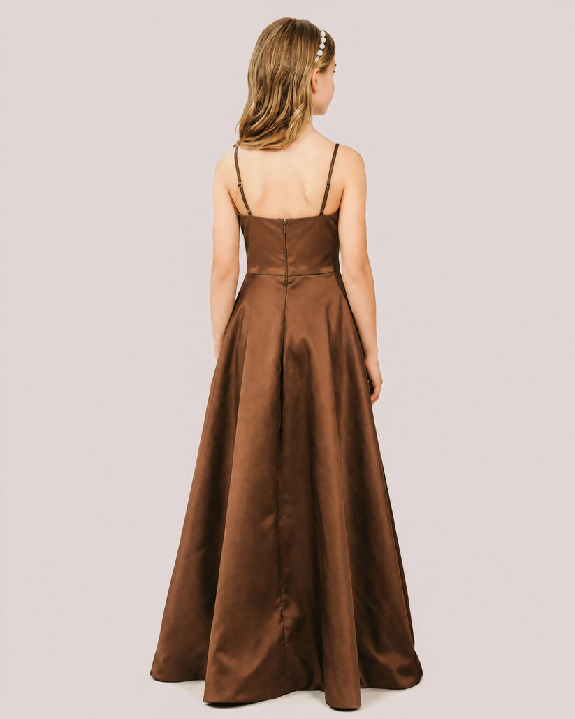 Brown Satin A-line Junior Bridesmaid Dress Back View