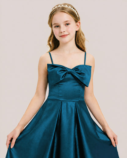 Dideyttawl Chocolate Brown Satin Spaghetti Strap Floor Length Junior Bridesmaid Dress