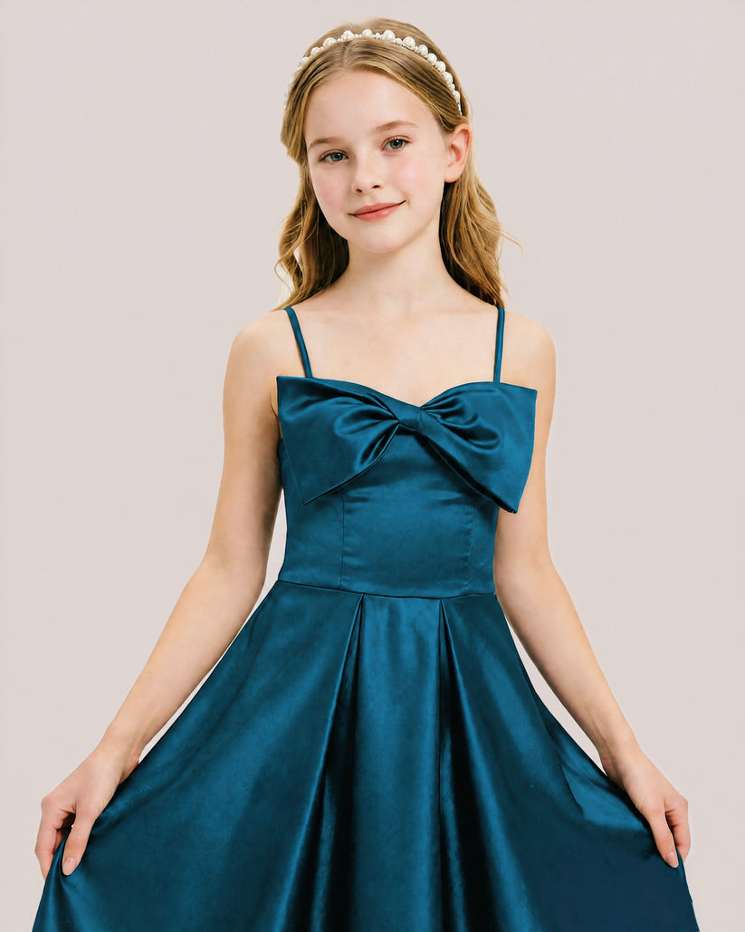Teal Satin A-line Junior Bridesmaid Dress Front View