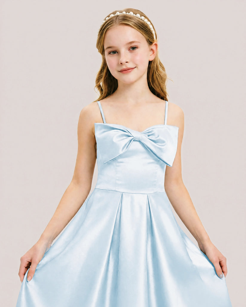 Baby Blue Satin A-line Junior Bridesmaid Dress Front View