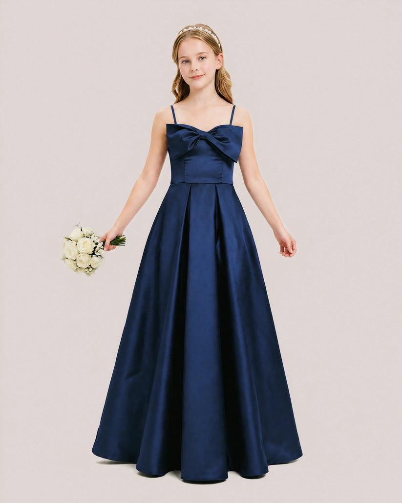 Navy Blue Satin A-line Junior Bridesmaid Dress Front View