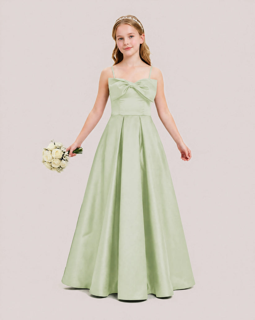 Sage Green Satin A-line Junior Bridesmaid Dress Front View