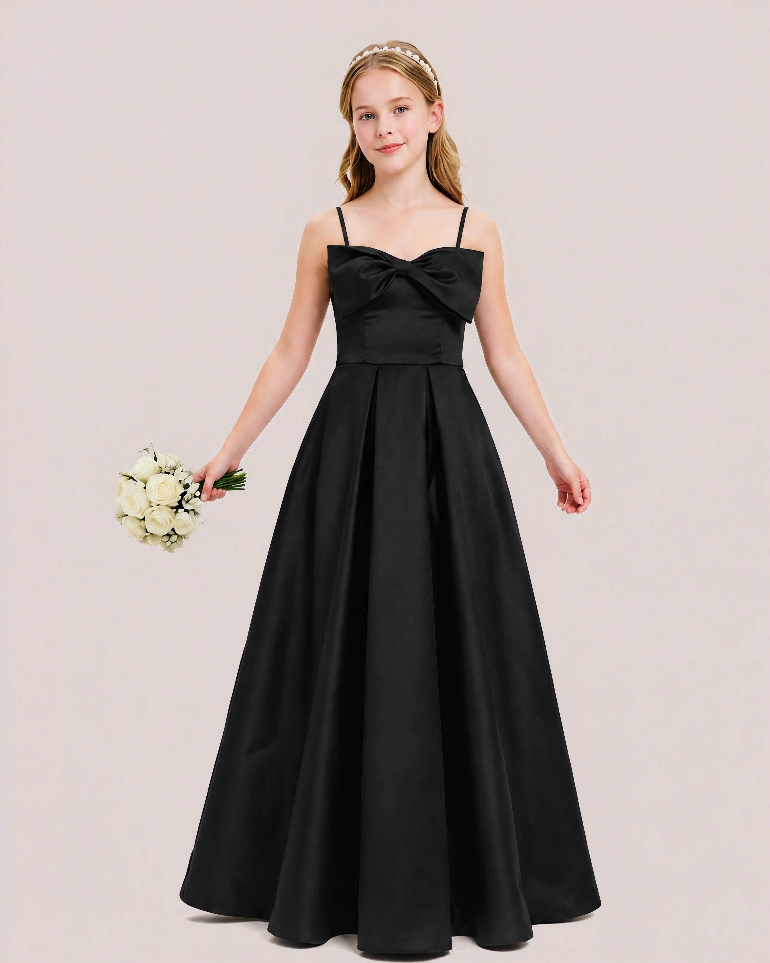 Dideyttawl Chocolate Brown Satin Spaghetti Strap Floor Length Junior Bridesmaid Dress
