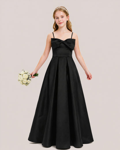 Dideyttawl Chocolate Brown Satin Spaghetti Strap Floor Length Junior Bridesmaid Dress