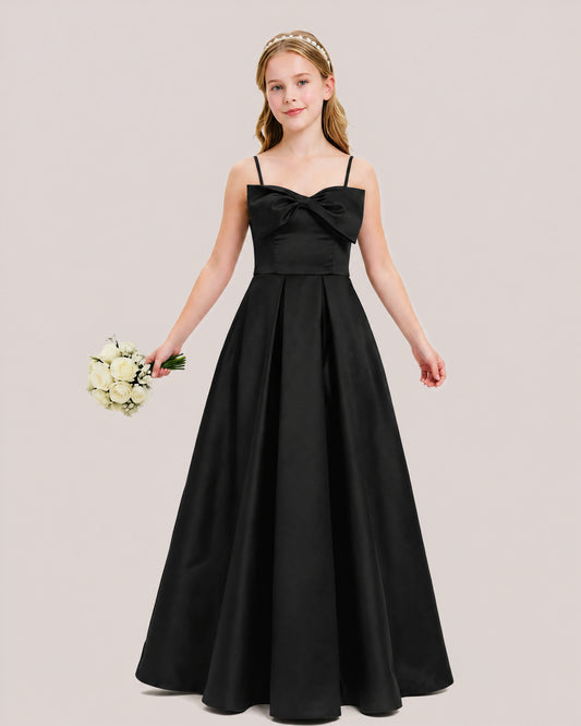 Black Satin A-line Junior Bridesmaid Dress Front View