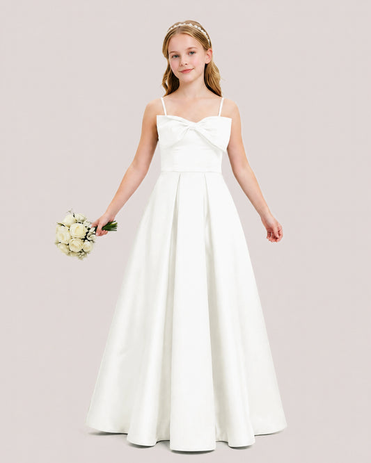Ivory Satin A-line Junior Bridesmaid Dress Front View