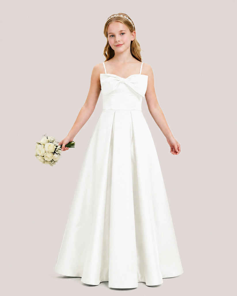 Ivory Satin A-line Junior Bridesmaid Dress Front View