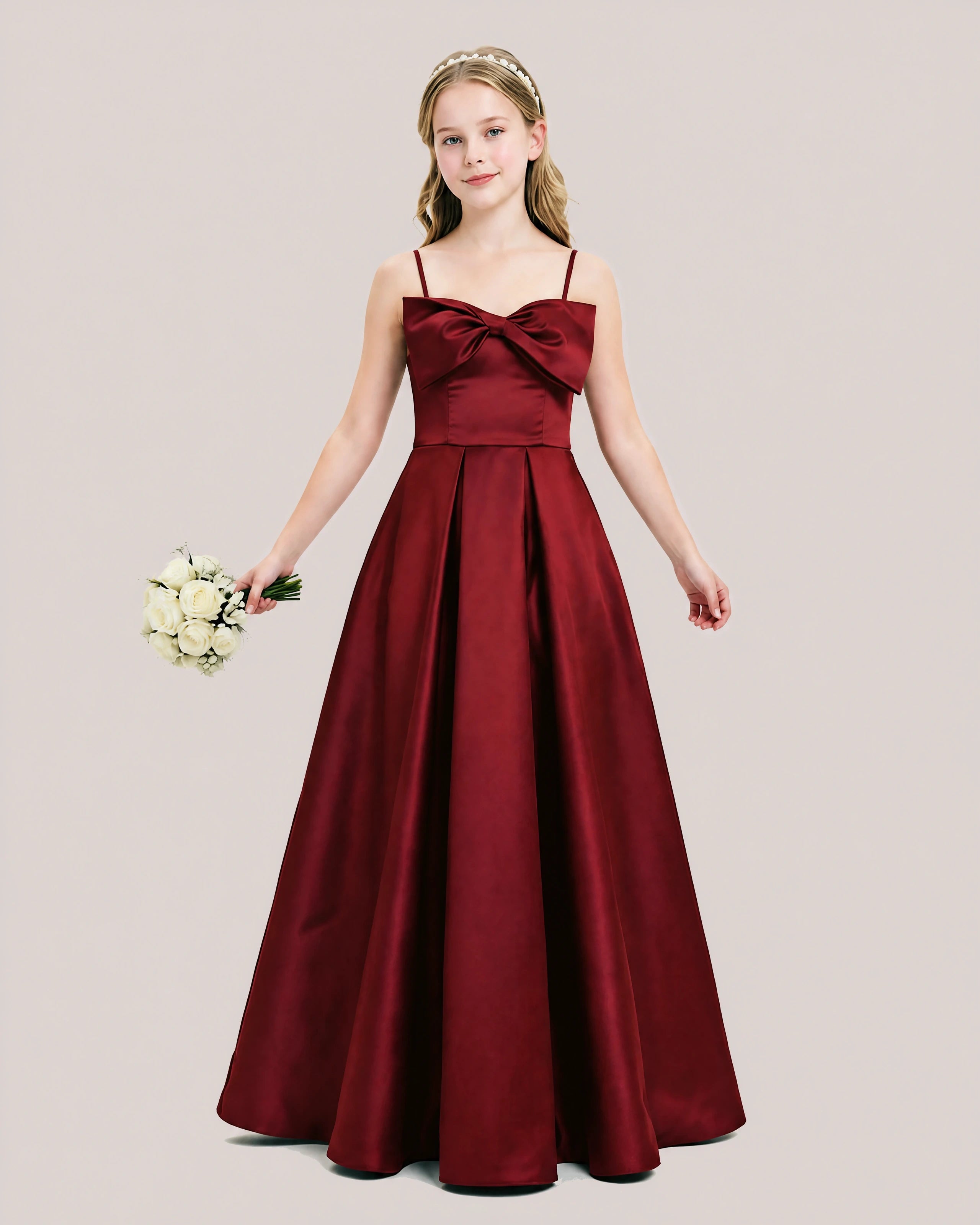 Dideyttawl Chocolate Brown Satin Spaghetti Strap Floor Length Junior Bridesmaid Dress
