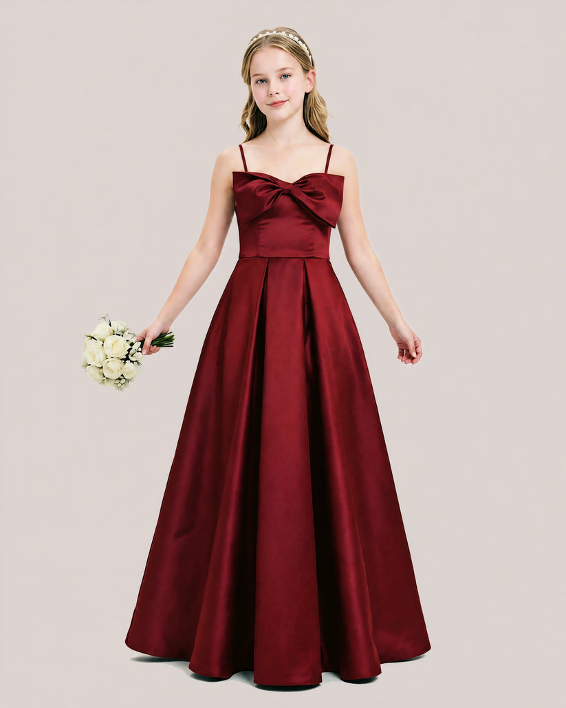 Burgundy Satin A-line Junior Bridesmaid Dress Front View