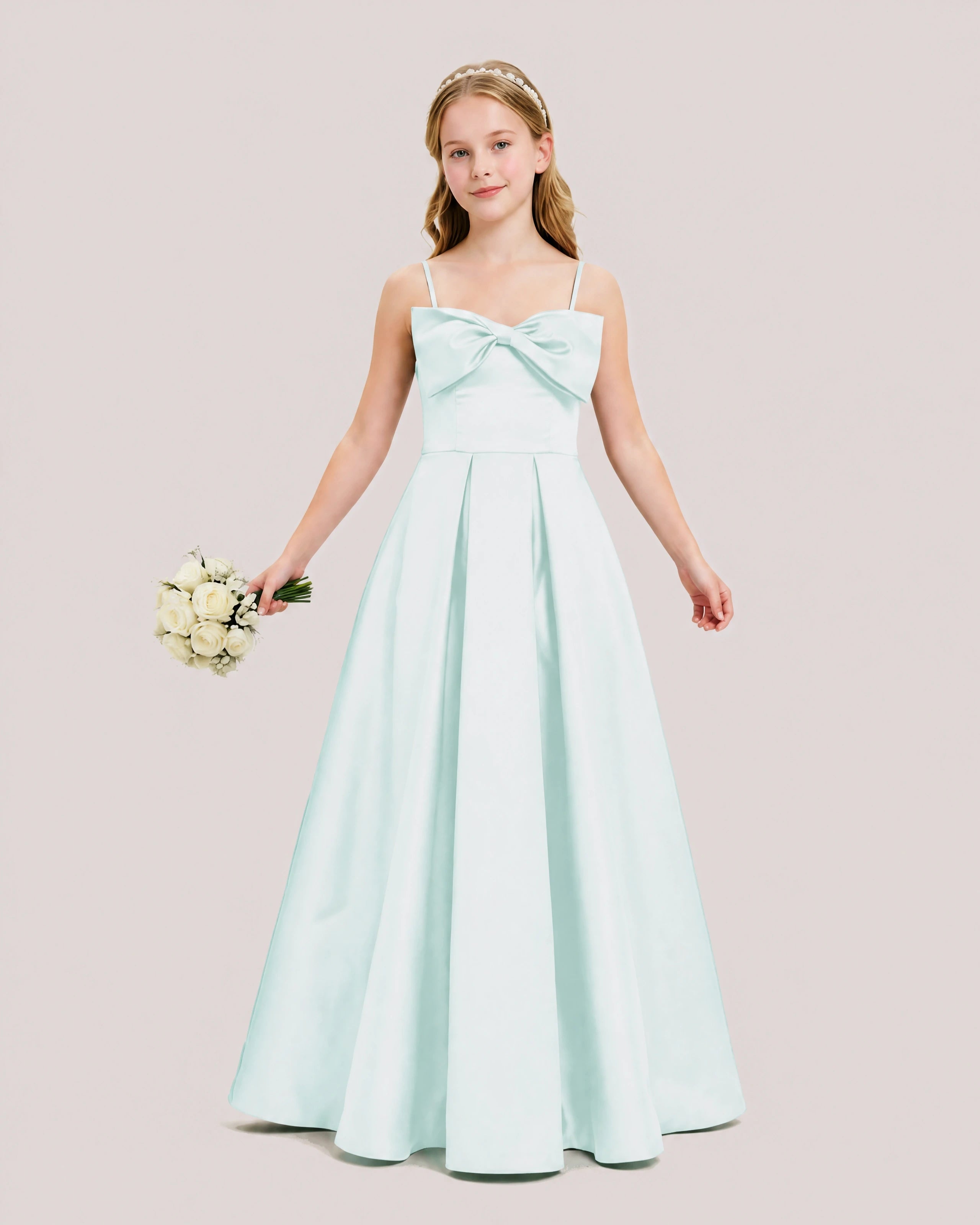 Dideyttawl Chocolate Brown Satin Spaghetti Strap Floor Length Junior Bridesmaid Dress