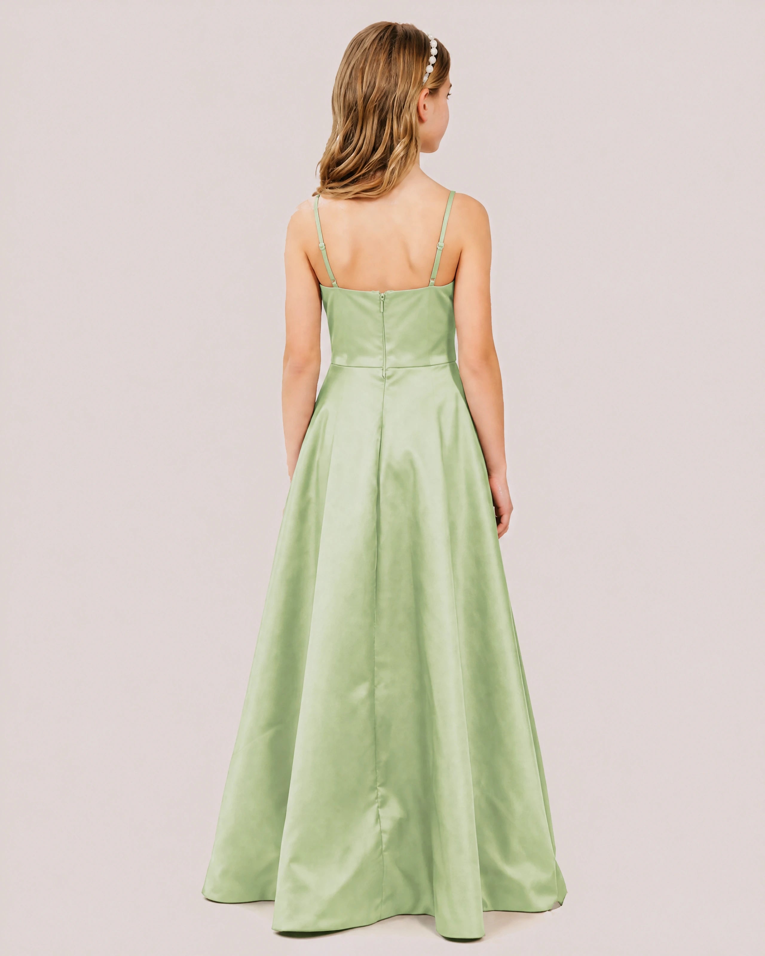 Dideyttawl Chocolate Brown Satin Spaghetti Strap Floor Length Junior Bridesmaid Dress