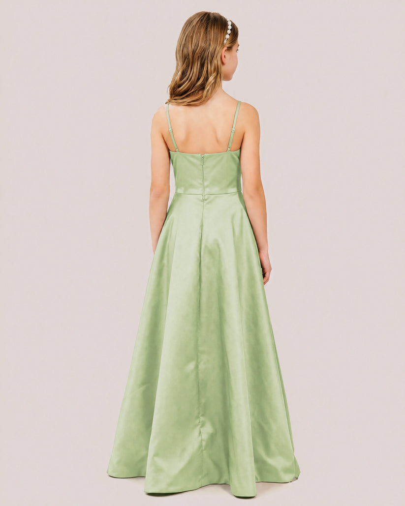Sage Green Satin A-line Junior Bridesmaid Dress Back View