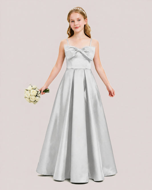 Silver Satin A-line Junior Bridesmaid Dress Front View