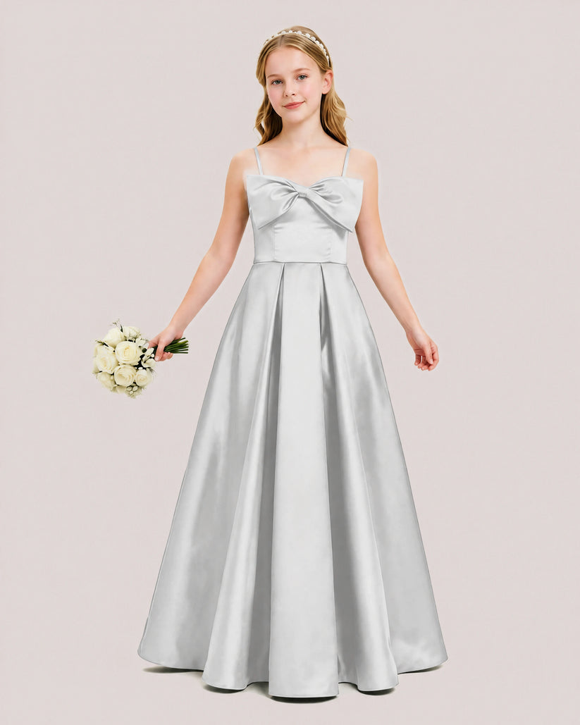 Silver Satin A-line Junior Bridesmaid Dress Front View