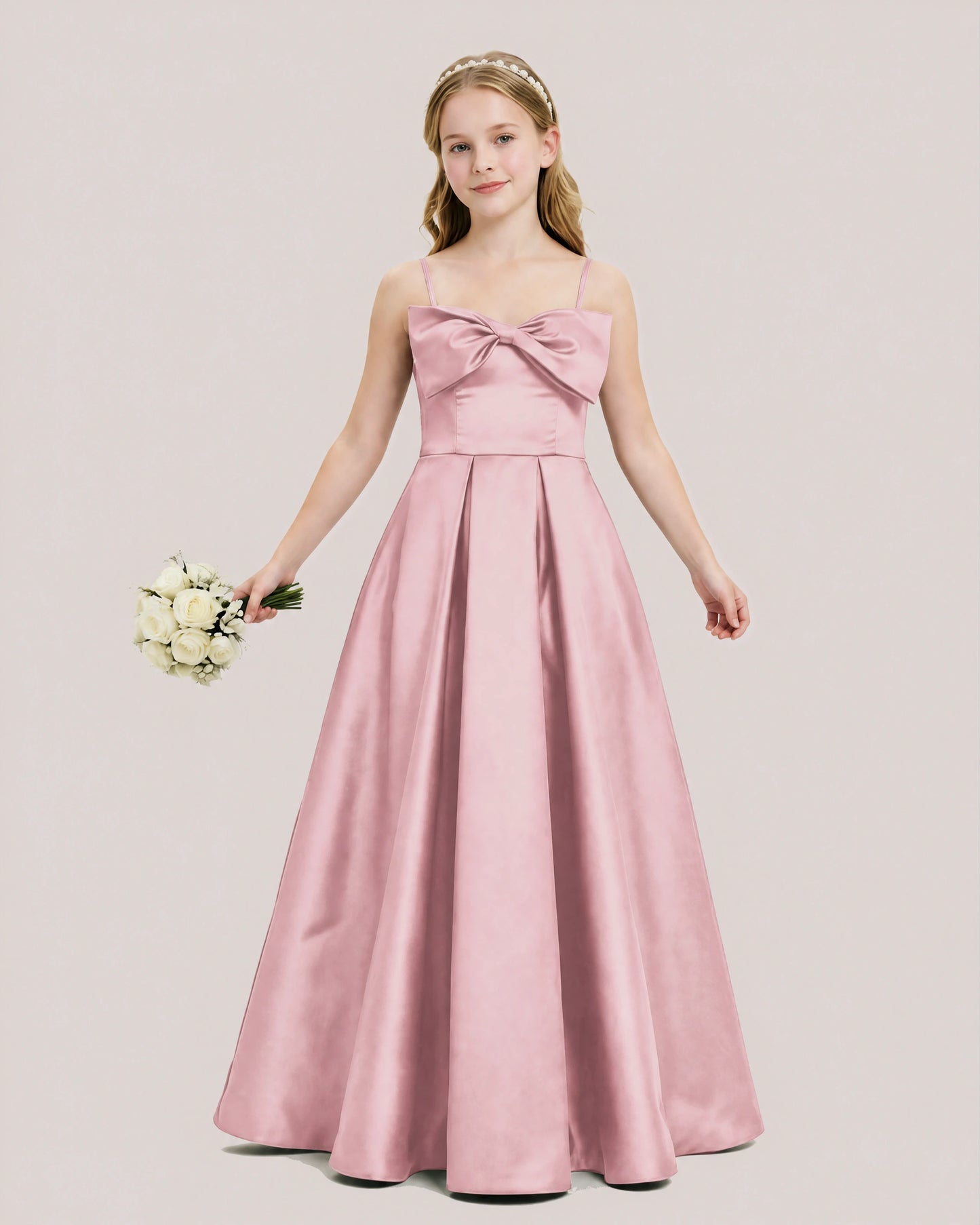 Dideyttawl Chocolate Brown Satin Spaghetti Strap Floor Length Junior Bridesmaid Dress