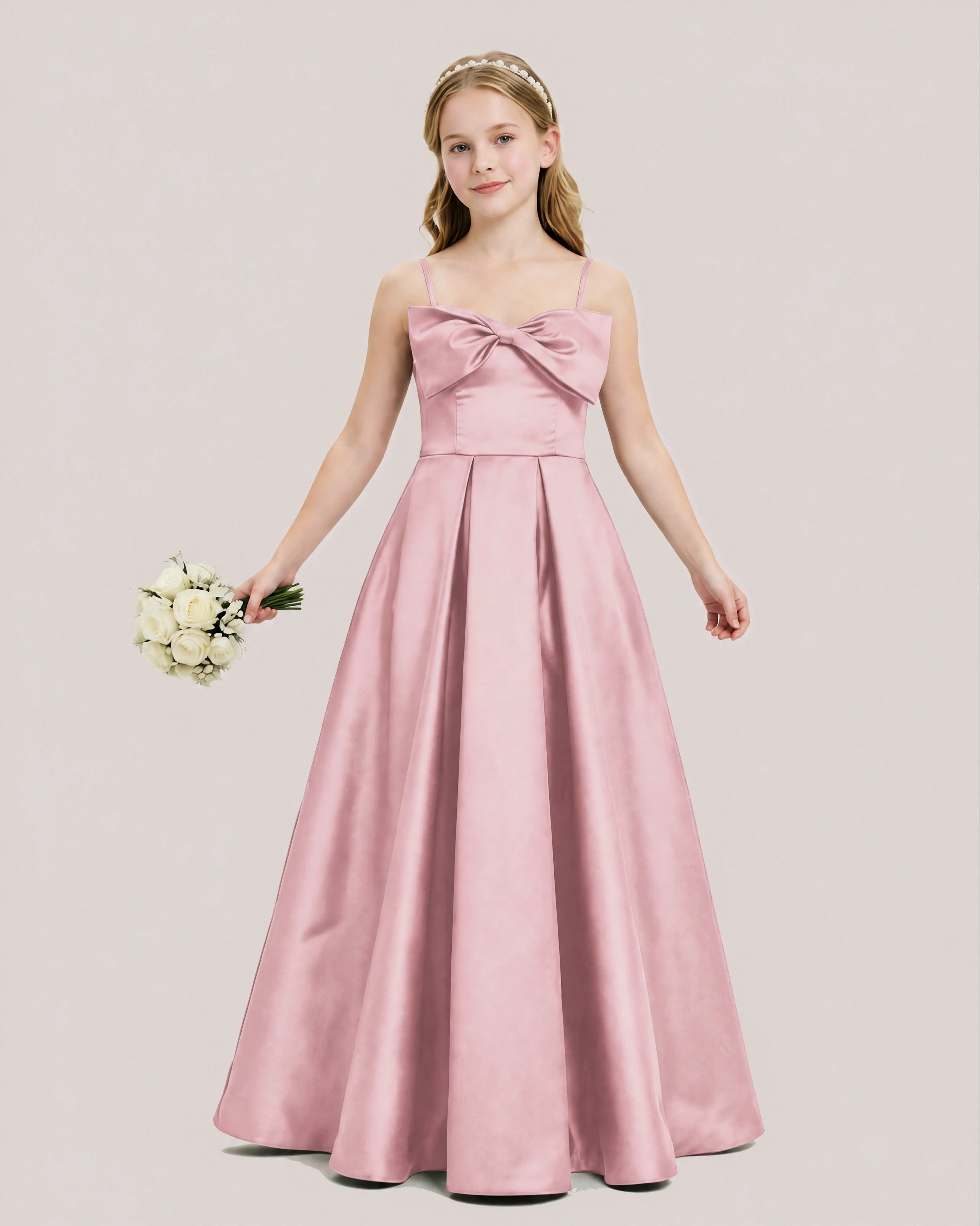 Dideyttawl Chocolate Brown Satin Spaghetti Strap Floor Length Junior Bridesmaid Dress