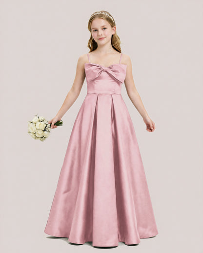 Dideyttawl Chocolate Brown Satin Spaghetti Strap Floor Length Junior Bridesmaid Dress