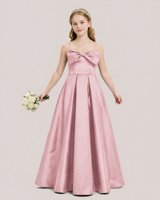 Dusty Rose Satin A-line Junior Bridesmaid Dress Front View
