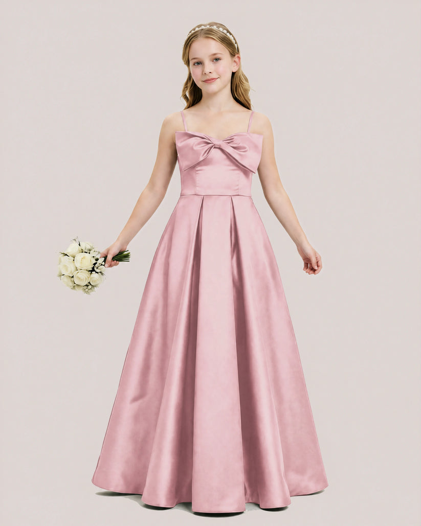 Dusty Rose Satin A-line Junior Bridesmaid Dress Front View