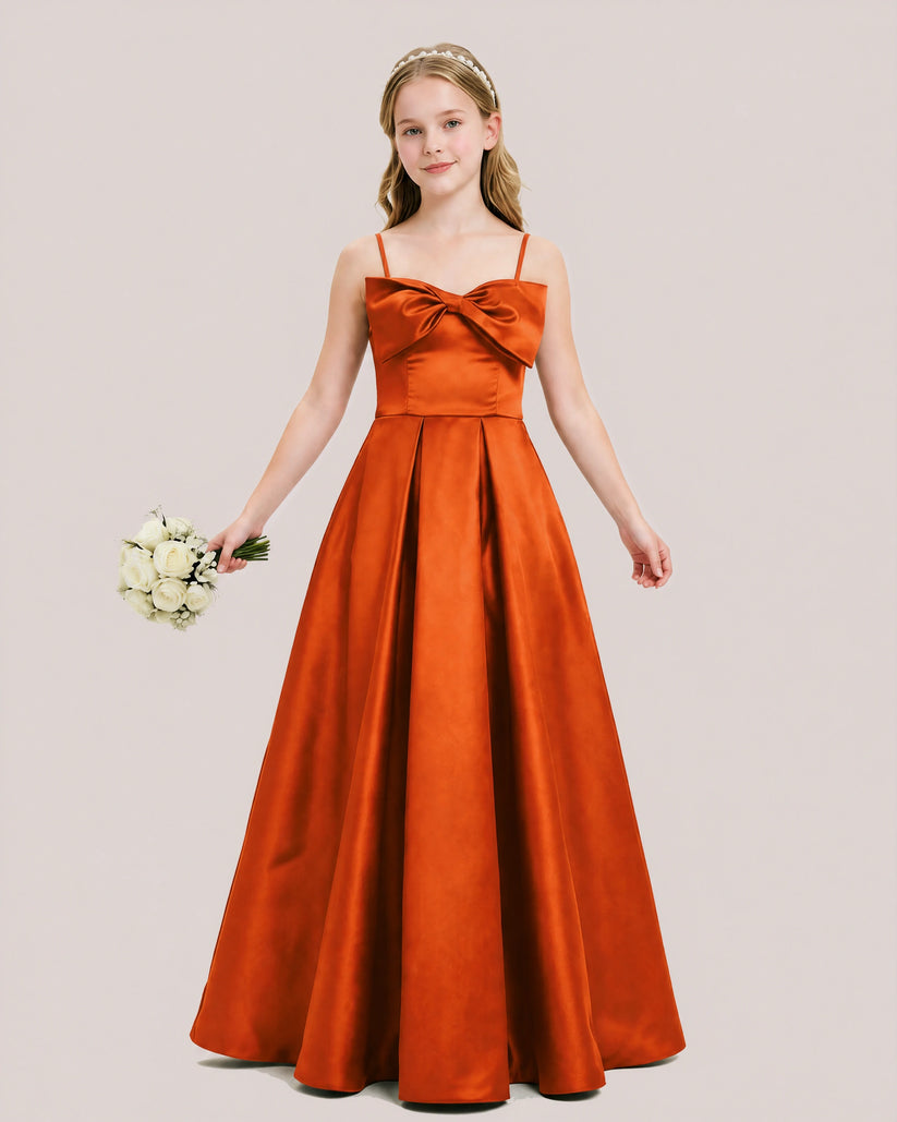 Burnt Orange Satin A-line Junior Bridesmaid Dress Front View