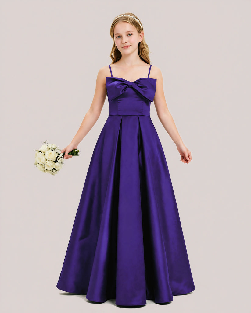 Purple Satin A-line Junior Bridesmaid Dress Front View