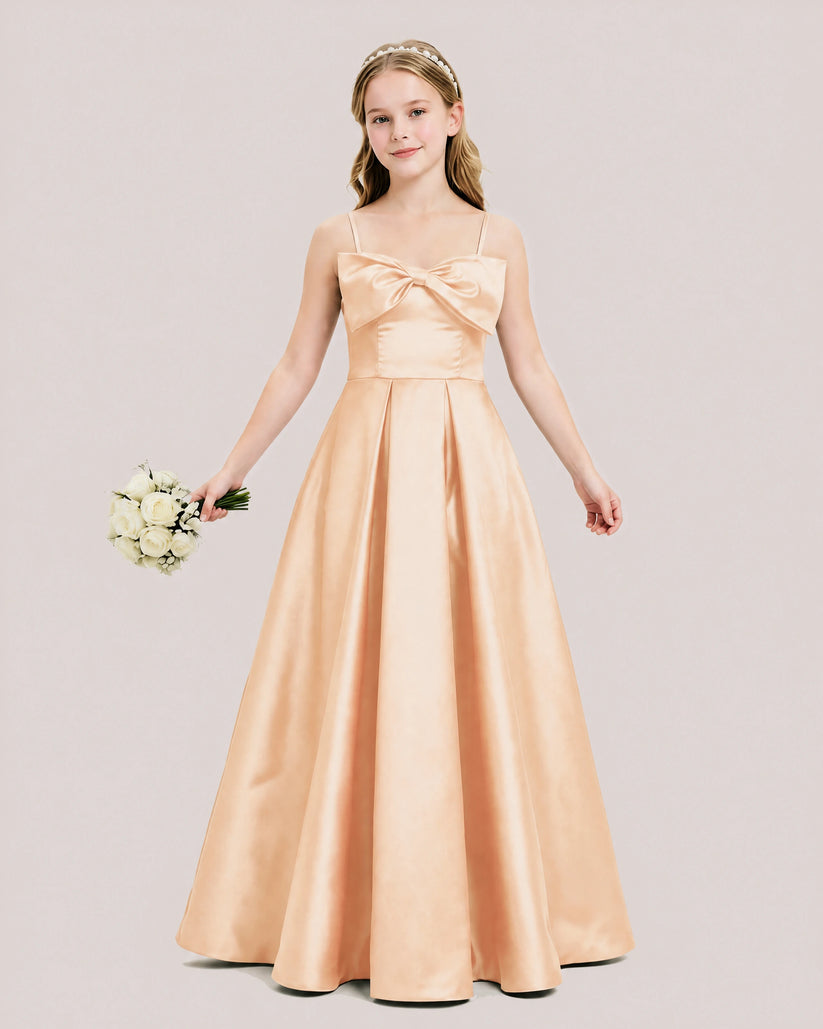 Peach Satin A-line Junior Bridesmaid Dress Front View