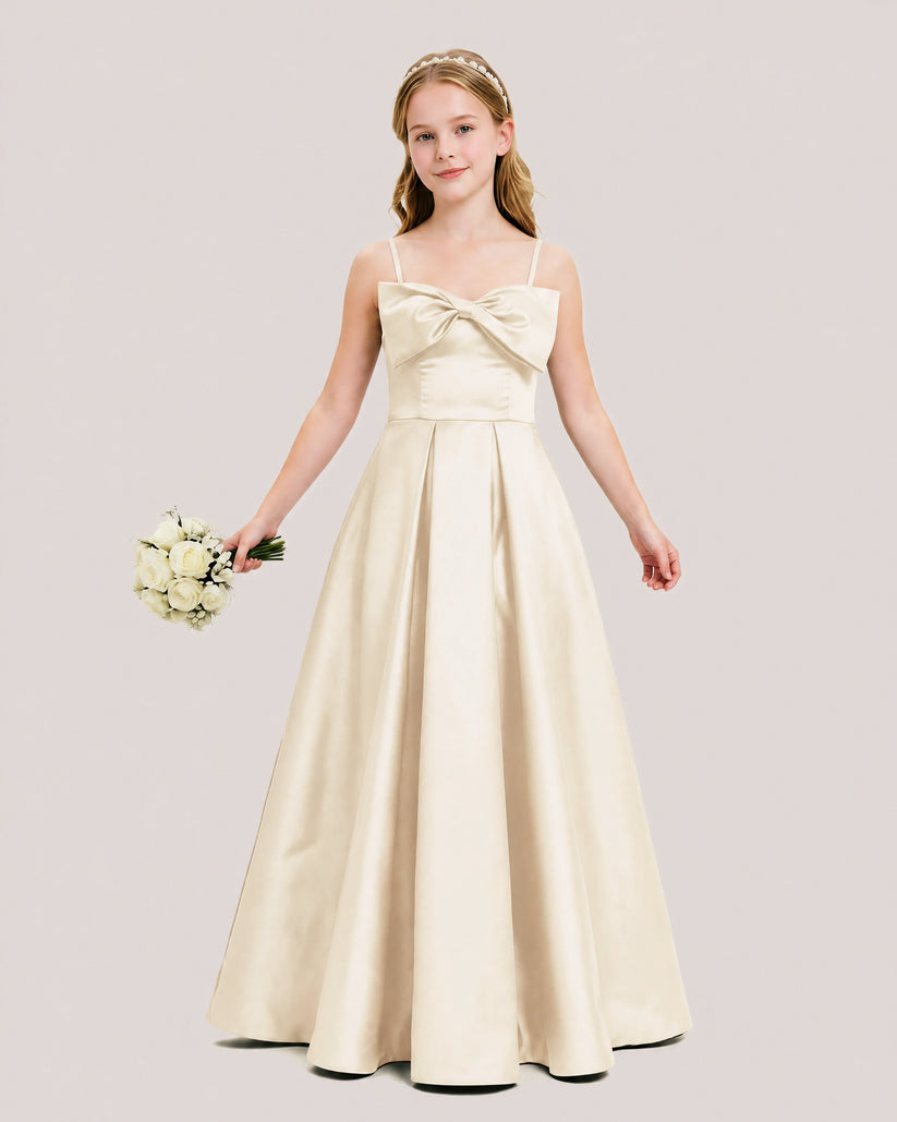 Champagne Satin A-line Junior Bridesmaid Dress Front View