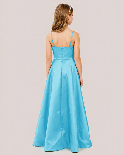 Sky Blue Satin A-line Junior Bridesmaid Dress Back View