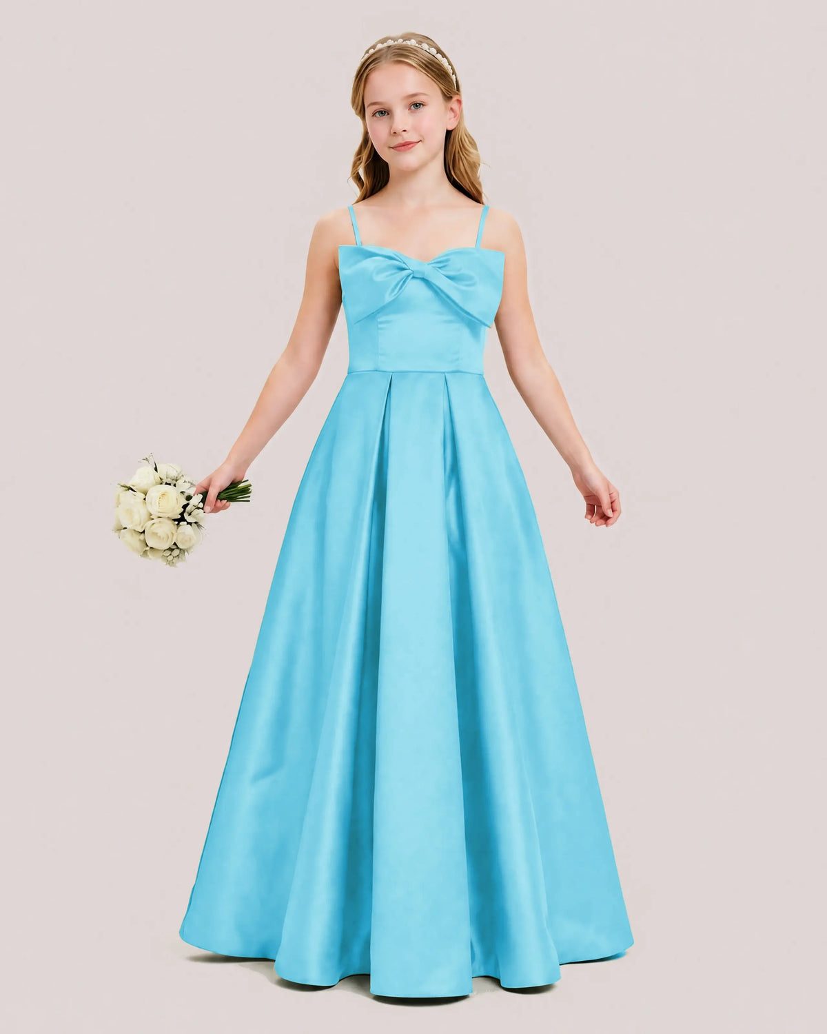 Sky Blue Satin A-line Junior Bridesmaid Dress Front View
