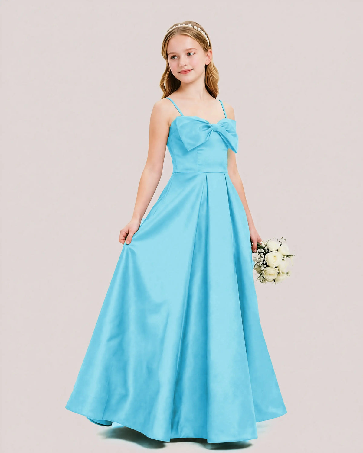 Sky Blue Satin A-line Junior Bridesmaid Dress Side View