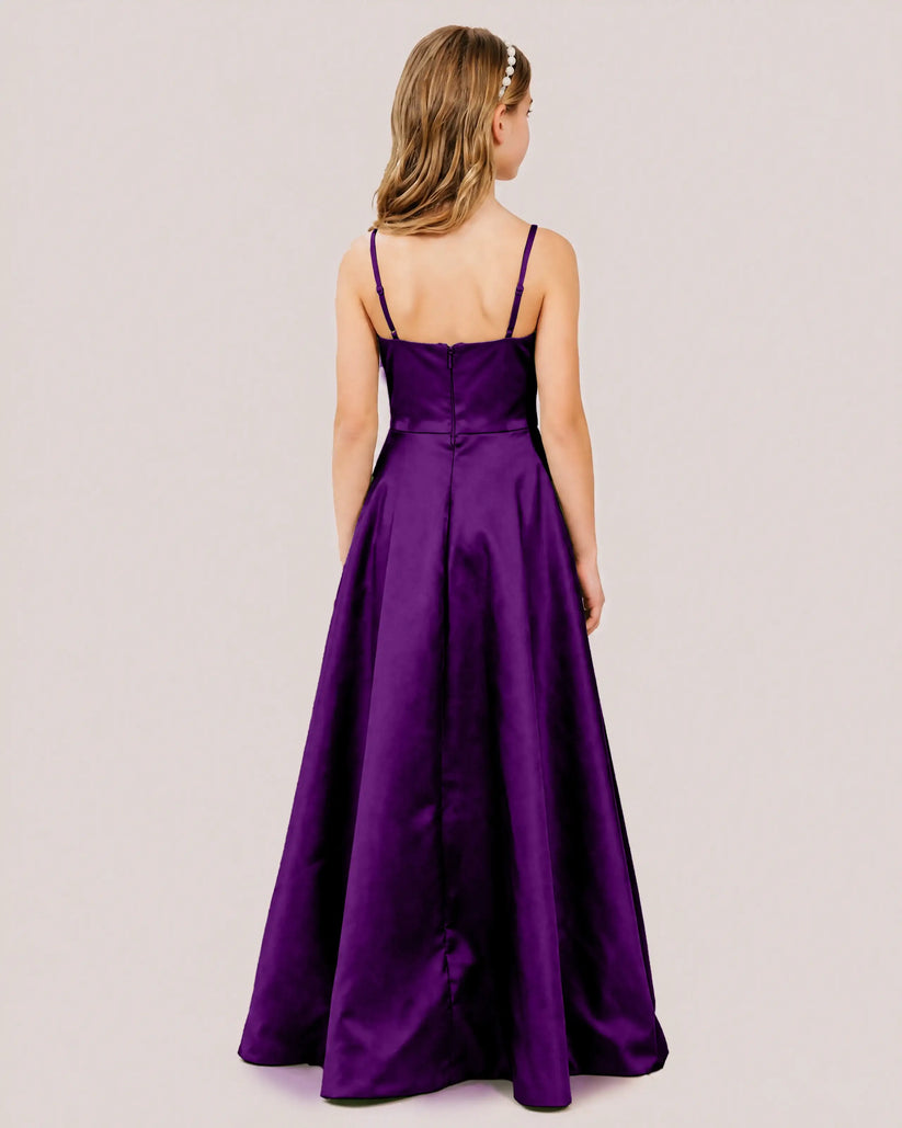 Purple Satin A-line Junior Bridesmaid Dress Back View