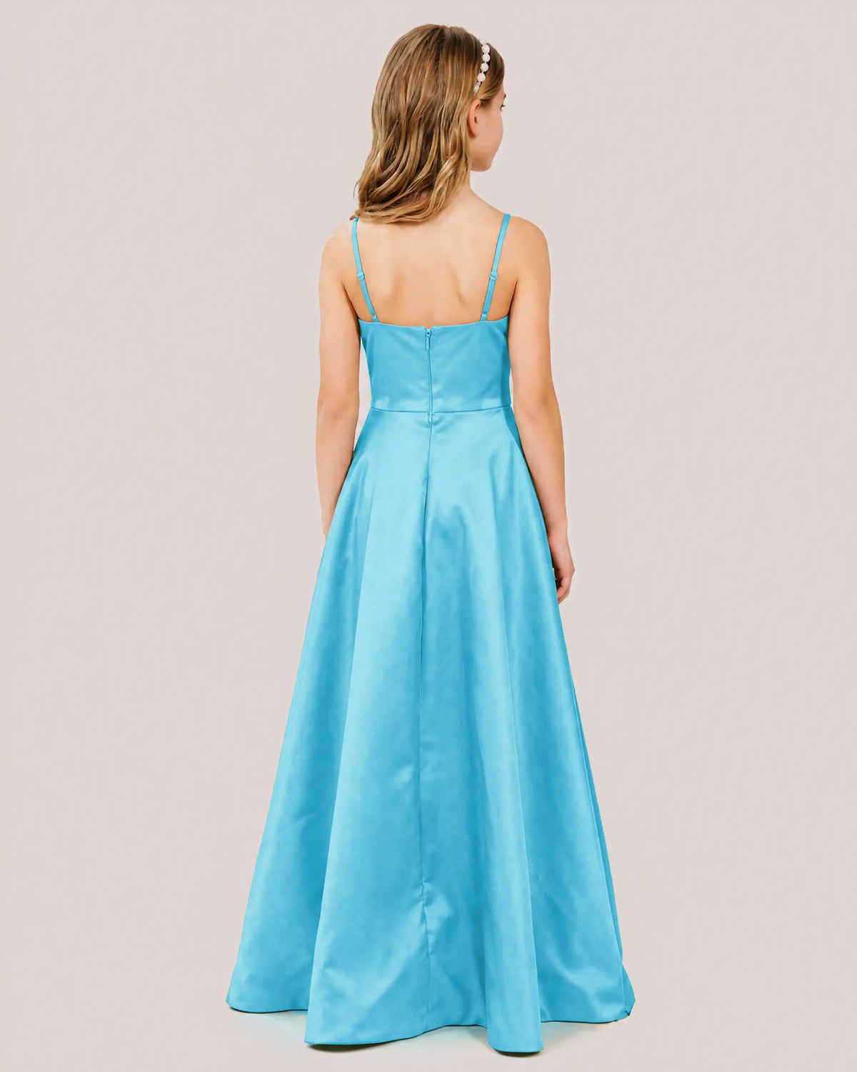 Sky Blue Satin A-line Junior Bridesmaid Dress Back View