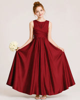 Burgundy Satin A-line Junior Bridesmaid Dress Front View