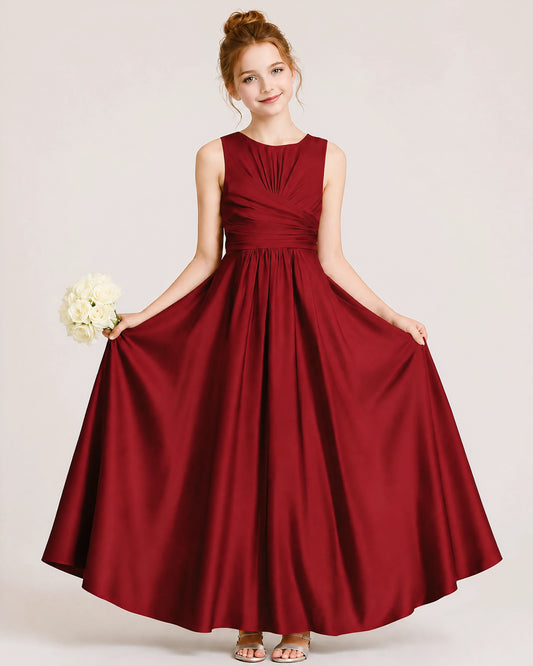 Burgundy Satin A-line Junior Bridesmaid Dress Front View
