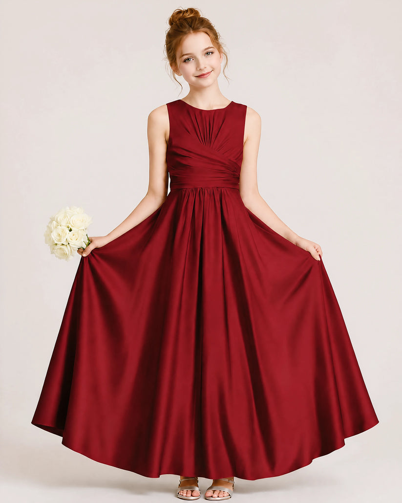 Burgundy Satin A-line Junior Bridesmaid Dress Front View