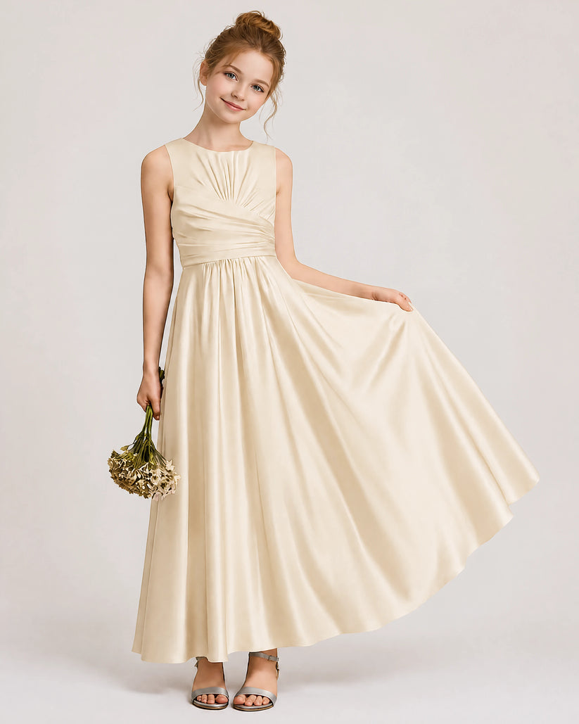 Champagne Satin A-line Junior Bridesmaid Dress Front View