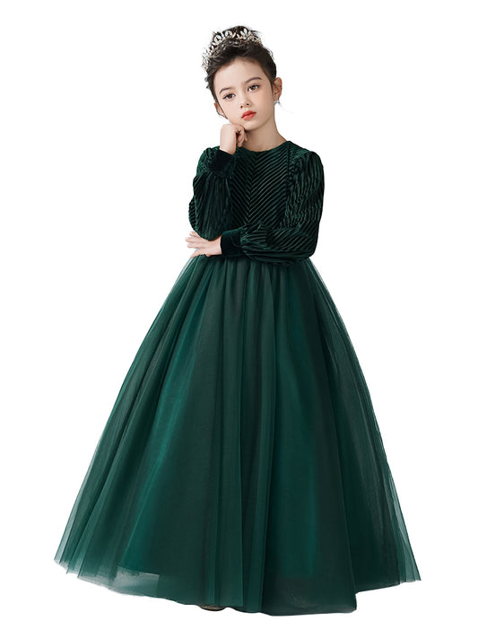 Dideyttawl Girls Velvet Flower Girl Dress Elegant Formal Dress Lantern Long Sleeves Girls Birthday Party Dress