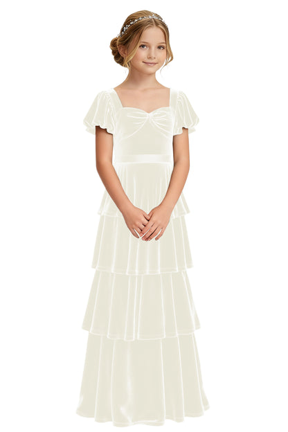 dideyttawl Girls Pleated Velvet Short Lantern Sleeves Long Junior Bridesmaid Dress 2542