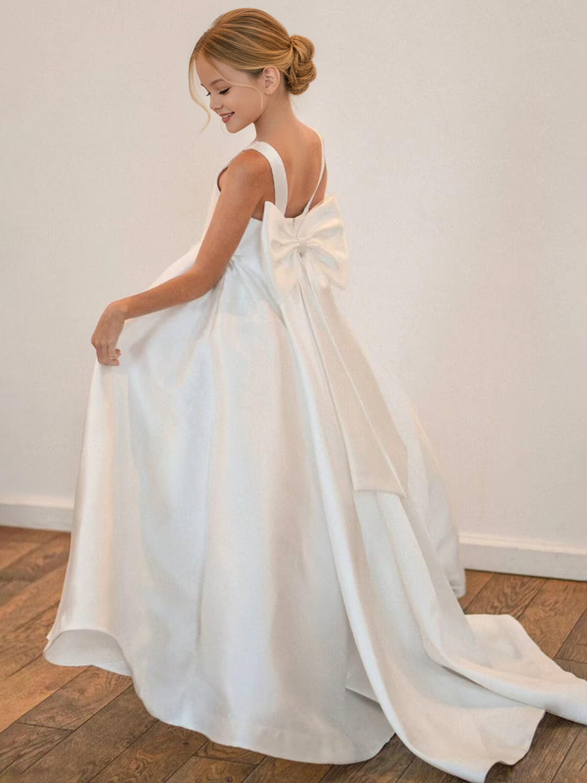 dideyttawl Big Bow Junior Bridesmaid Dresses for Wedding Satin Flower Girls Dress A-Line Princess Pageant Ball Gown Formal Party 2779