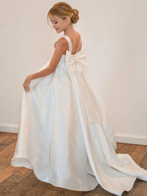 Dideyttawl Big Bow Satin Flower Girl Dress for Wedding A-Line Princess Pageant Ball Gown Formal Party