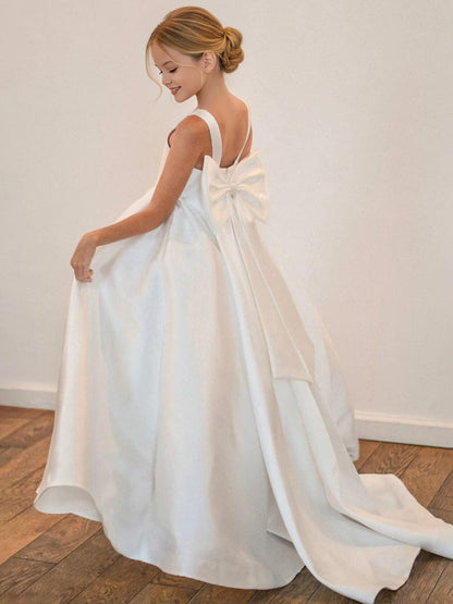 dideyttawl Big Bow Junior Bridesmaid Dresses for Wedding Satin Flower Girls Dress A-Line Princess Pageant Ball Gown Formal Party 2779