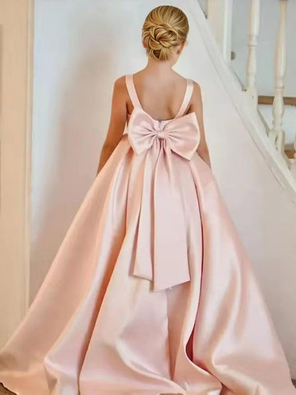 dideyttawl Big Bow Junior Bridesmaid Dresses for Wedding Satin Flower Girls Dress A-Line Princess Pageant Ball Gown Formal Party 2779